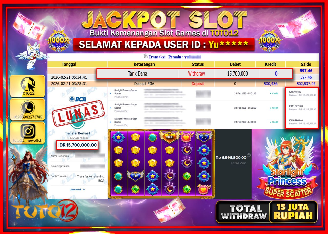 HANYA DI TOTO12 JP PASTI DI BAYAR LUNAS DAN CEPAT!!!!!! JACKPOT SLOT GAME (STARLIGHT PRINCESS SUPER SCATTERS) Rp.15.700.000!!!!