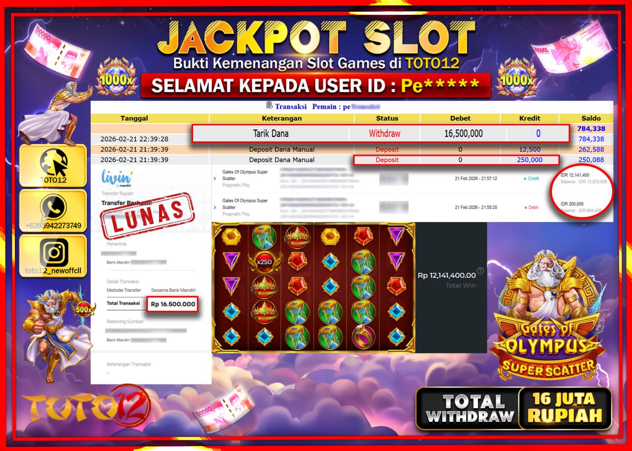 HANYA DI TOTO12 JP PASTI DI BAYAR LUNAS DAN CEPAT!!!!!! JACKPOT SLOT GAME (GATES OF OLYMPUS SUPER SCATTER) Rp.16.500.000!!!!