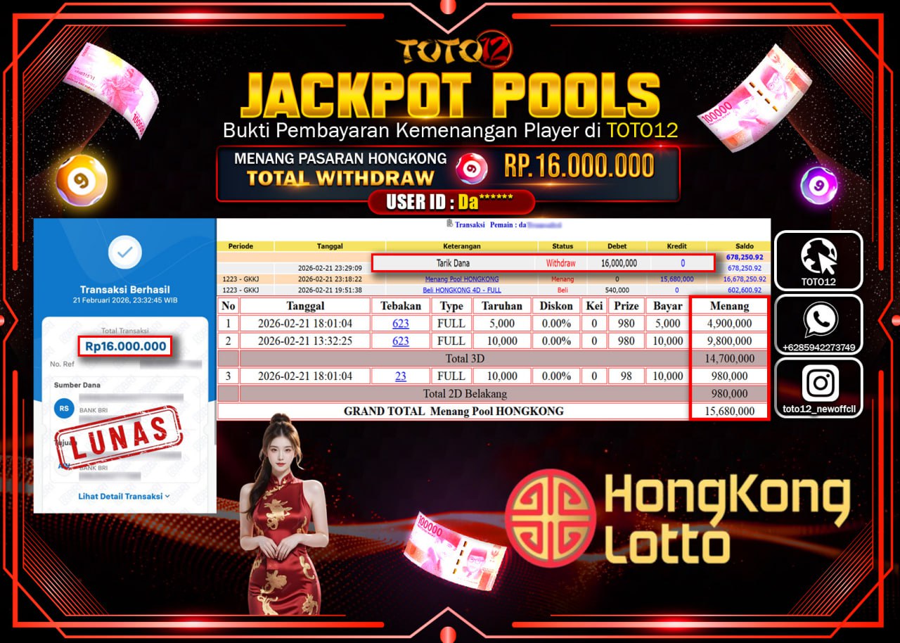 HANYA DI TOTO12 JP PASTI DI BAYAR LUNAS DAN CEPAT!!!!!! JACKPOT POOLS PASARAN (HONGKONG) Rp.16.000.000!!!!