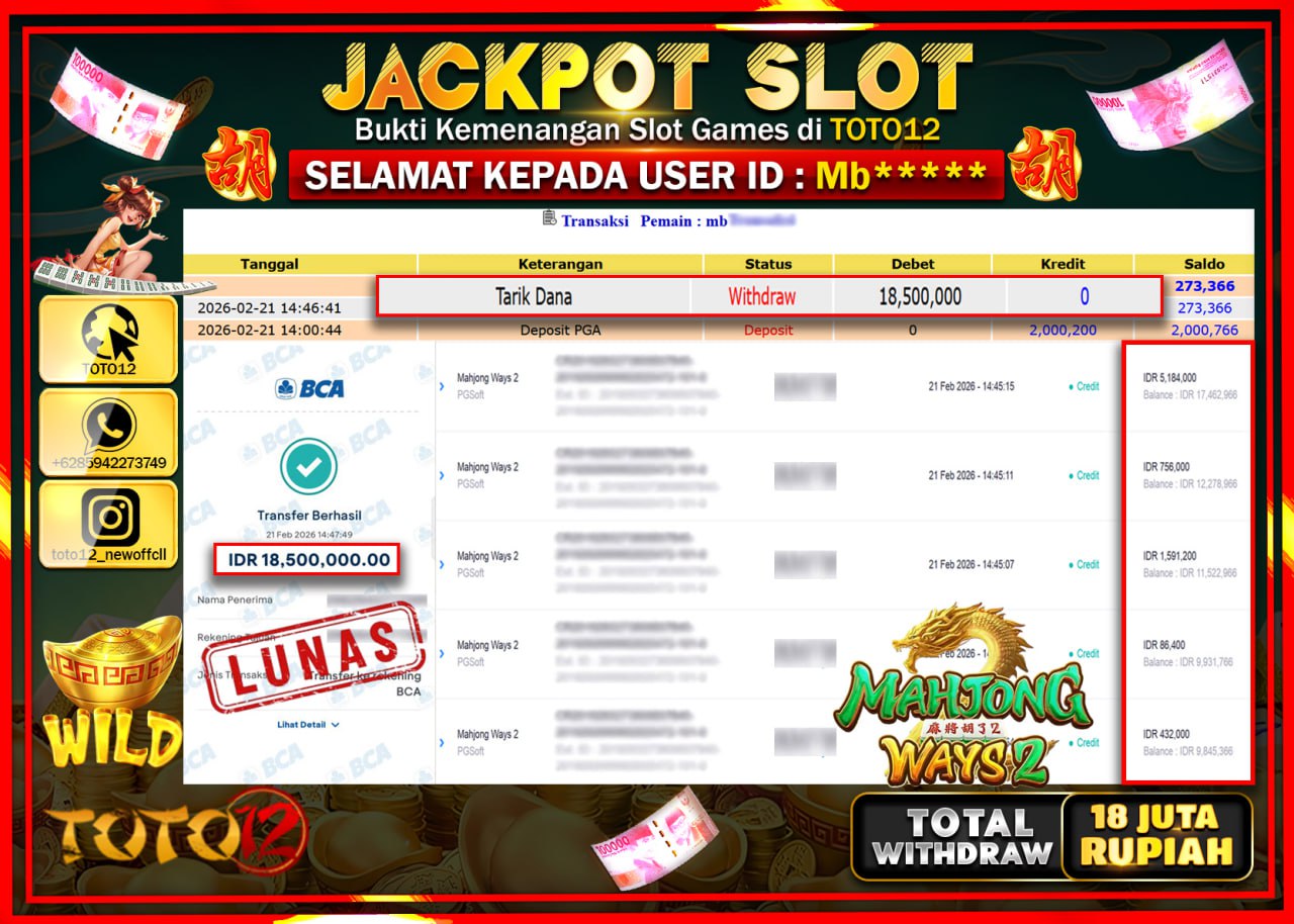 HANYA DI TOTO12 JP PASTI DI BAYAR LUNAS DAN CEPAT!!!!!! JACKPOT SLOT GAME (MAHJONG WAYS) Rp.18.500.000!!!!