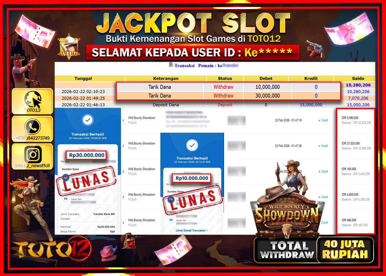 HANYA DI TOTO12 JP PASTI DI BAYAR LUNAS DAN CEPAT!!!!!! JACKPOT SLOT GAME (WILD BOUNTY SHOWDOWN) Rp.40.000.000!!!!