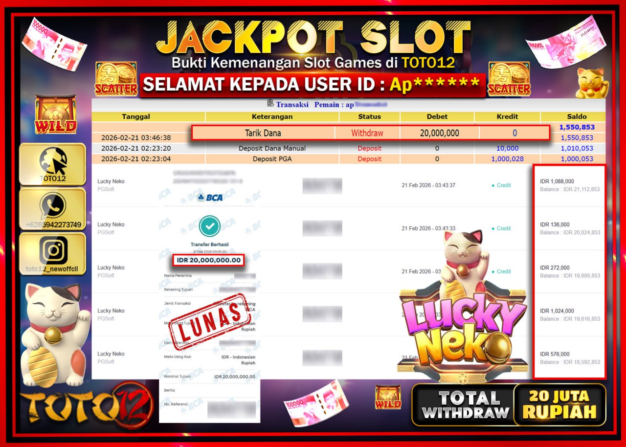 HANYA DI TOTO12 JP PASTI DI BAYAR LUNAS DAN CEPAT!!!!!! JACKPOT SLOT GAME (LUCK NEKO) Rp.20.000.000!!!!