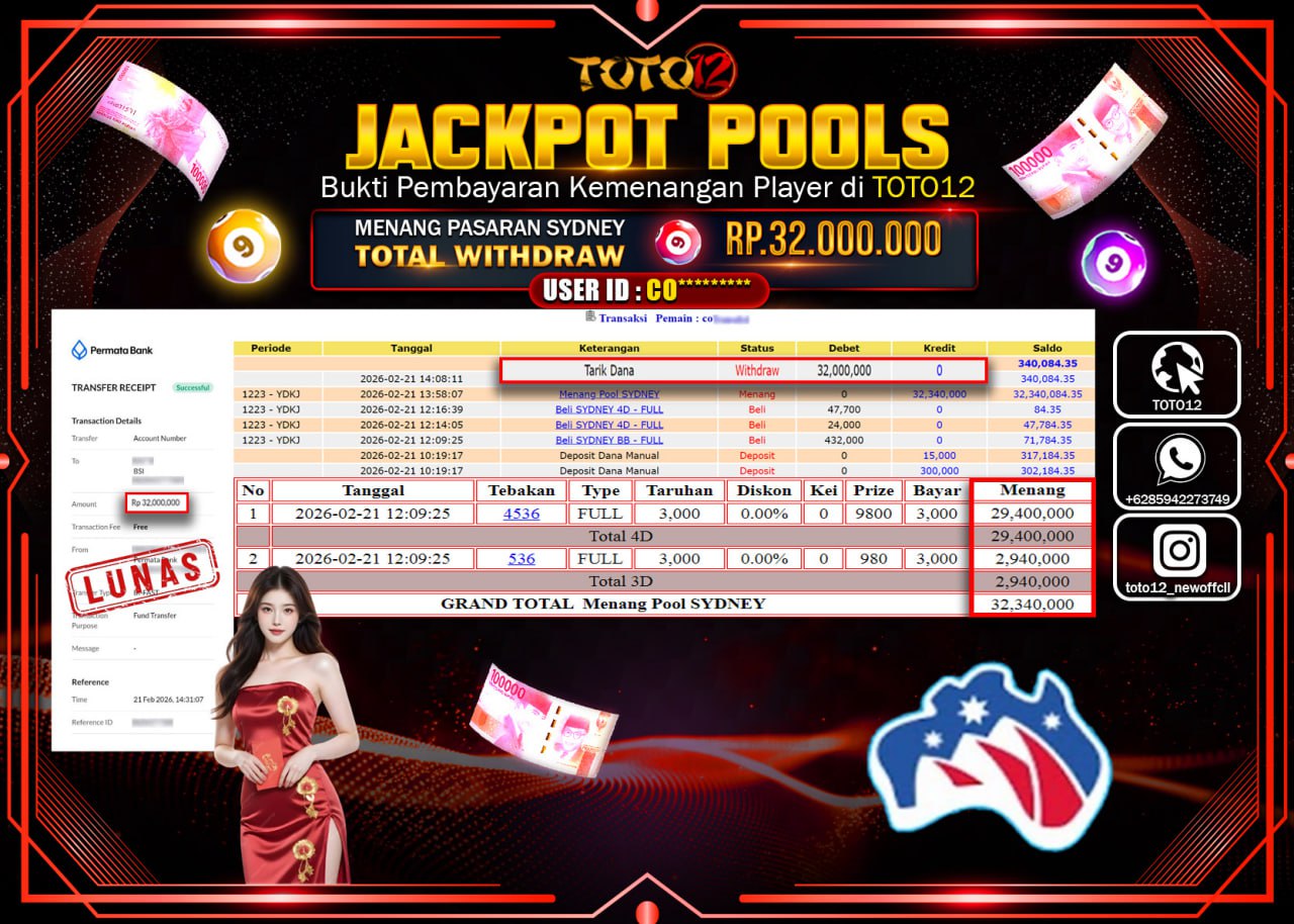 HANYA DI TOTO12 JP PASTI DI BAYAR LUNAS DAN CEPAT!!!!!! JACKPOT POOLS PASARAN (SYDNEY) Rp.32.000.000!!!!