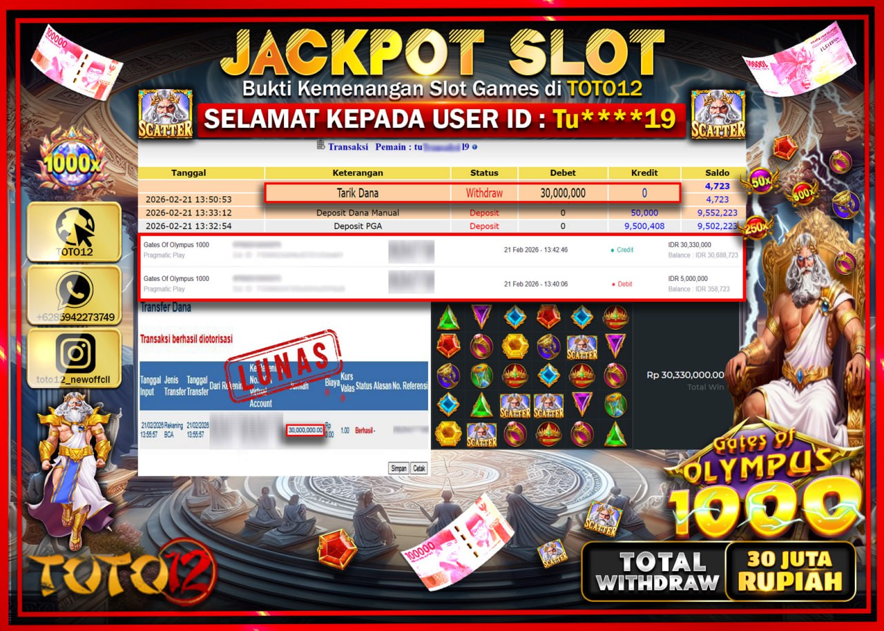 HANYA DI TOTO12 JP PASTI DI BAYAR LUNAS DAN CEPAT!!!!!! JACKPOT SLOT GAME (GATES OF OLYMPUS 1000) Rp.30.000.000!!!!