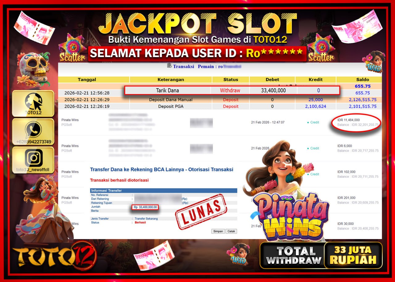 HANYA DI TOTO12 JP PASTI DI BAYAR LUNAS DAN CEPAT!!!!!! JACKPOT SLOT GAME (PINATA WINS) Rp.33.400.000!!!!