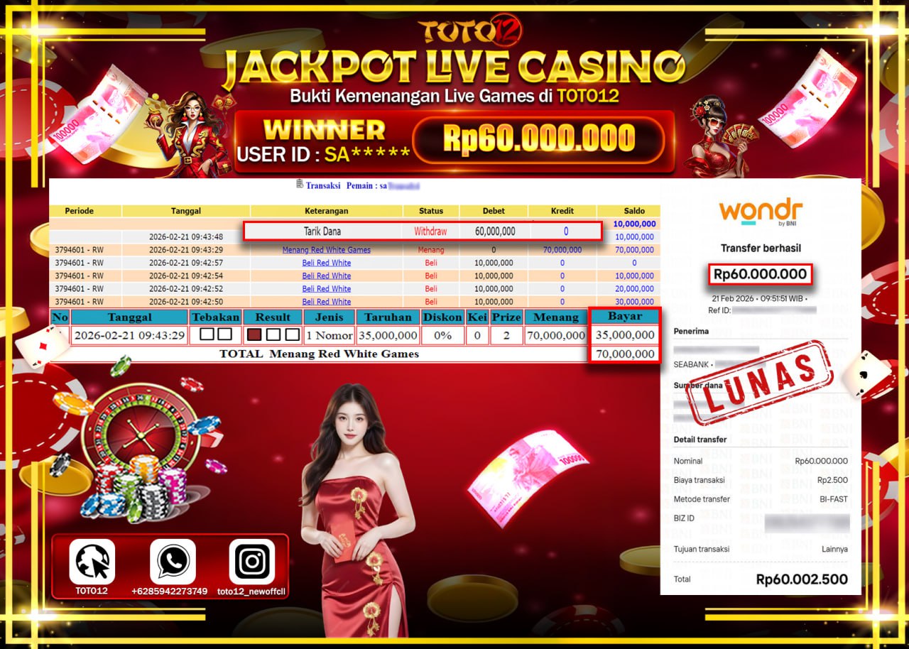 HANYA DI TOTO12 JP PASTI DI BAYAR LUNAS DAN CEPAT!!!!!! JACKPOT LIVE GAMES CASINO(RED WHITE) Rp.60.000.000!!!!