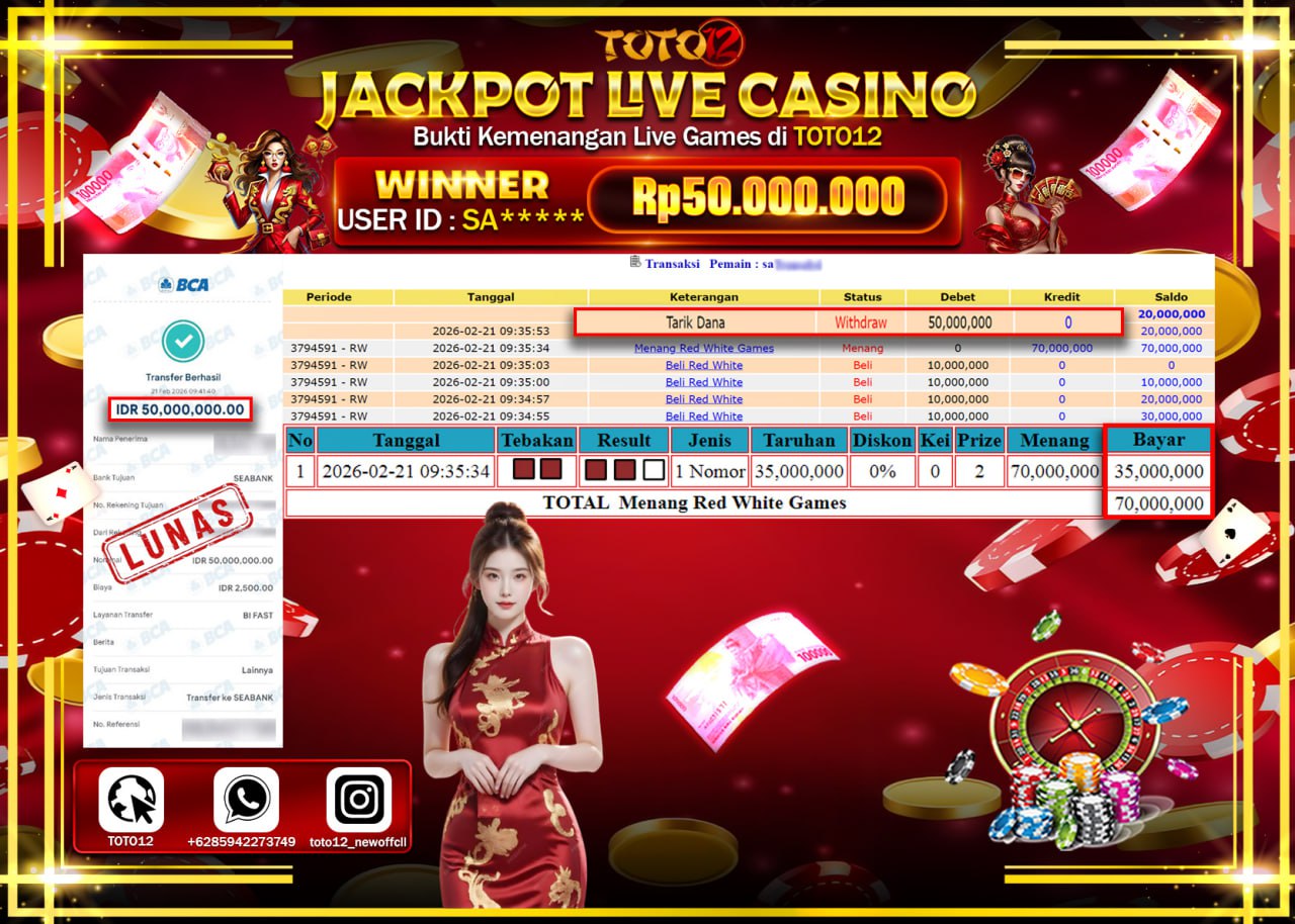 HANYA DI TOTO12 JP PASTI DI BAYAR LUNAS DAN CEPAT!!!!!! JACKPOT LIVE GAMES CASINO (RED WHITE) Rp.50.000.000!!!!