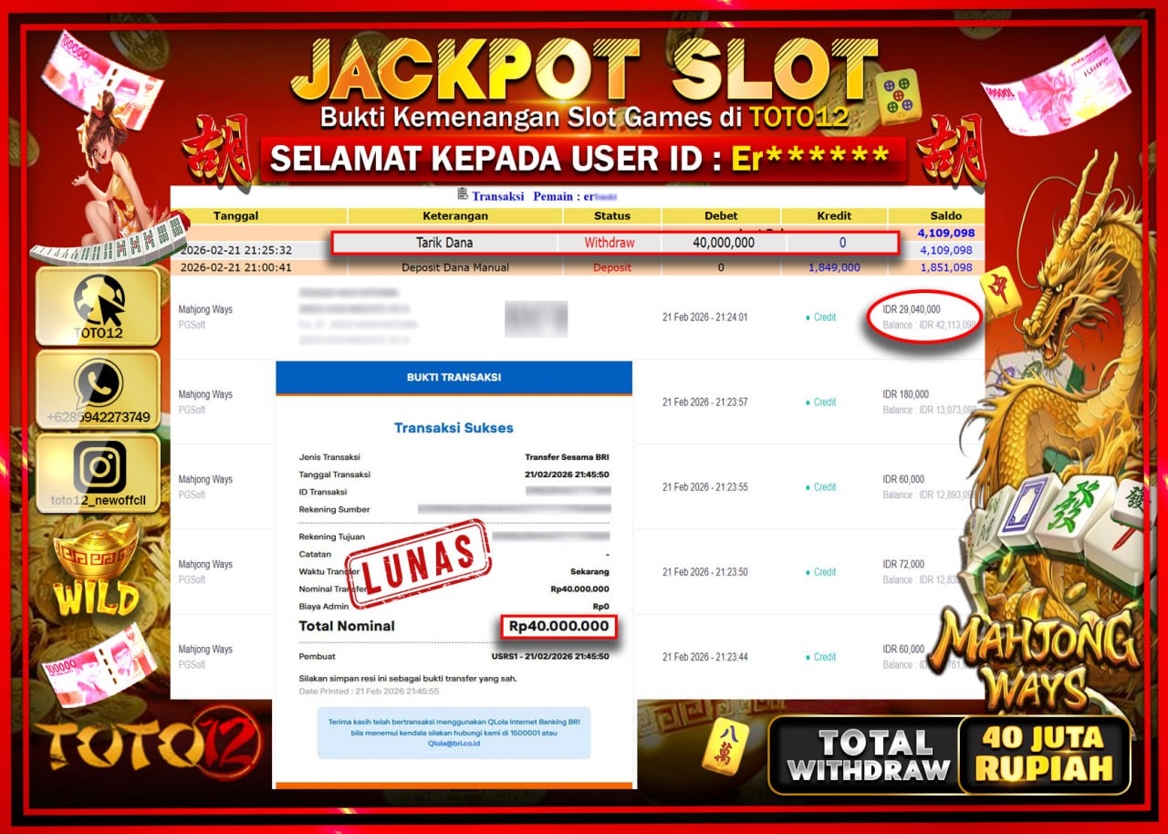 HANYA DI TOTO12 JP PASTI DI BAYAR LUNAS DAN CEPAT!!!!!! JACKPOT SLOT GAME (MAHJONG WAYS) Rp.40.000.000!!!!