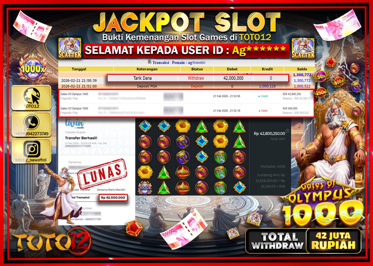HANYA DI TOTO12 JP PASTI DI BAYAR LUNAS DAN CEPAT!!!!!! JACKPOT SLOT GAME (GATES OF OLMPUS 1000) Rp.42.000.000!!!!