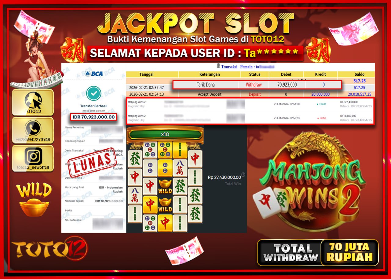 HANYA DI TOTO12 JP PASTI DI BAYAR LUNAS DAN CEPAT!!!!!! JACKPOT SLOT GAME (MAHJONG WINS 2) Rp.70.923.000!!!!