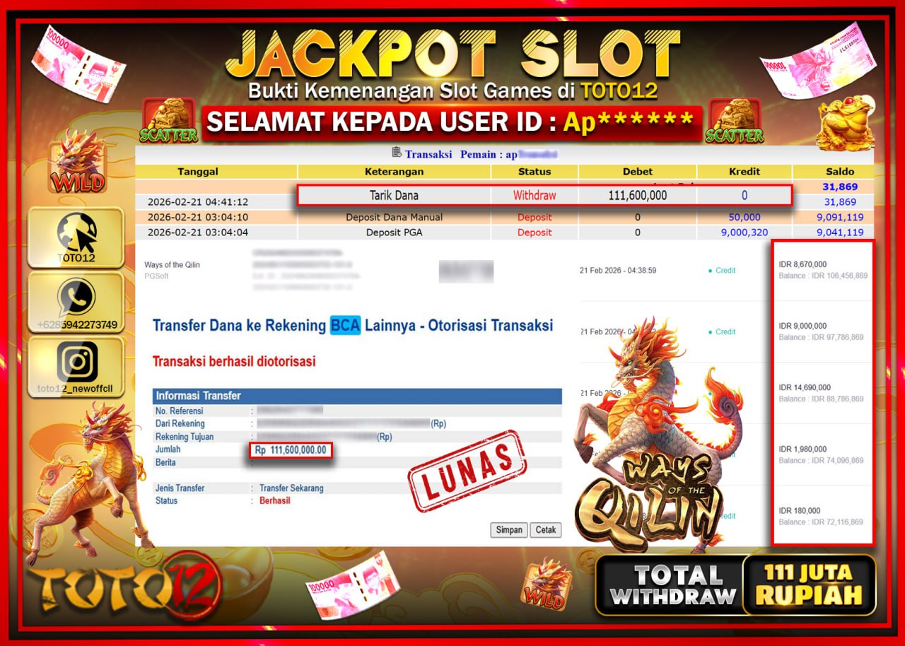 HANYA DI TOTO12 JP PASTI DI BAYAR LUNAS DAN CEPAT!!!!!! JACKPOT SLOT GAME (WAYS OF THE QILIN) Rp.111.600.000!!!!