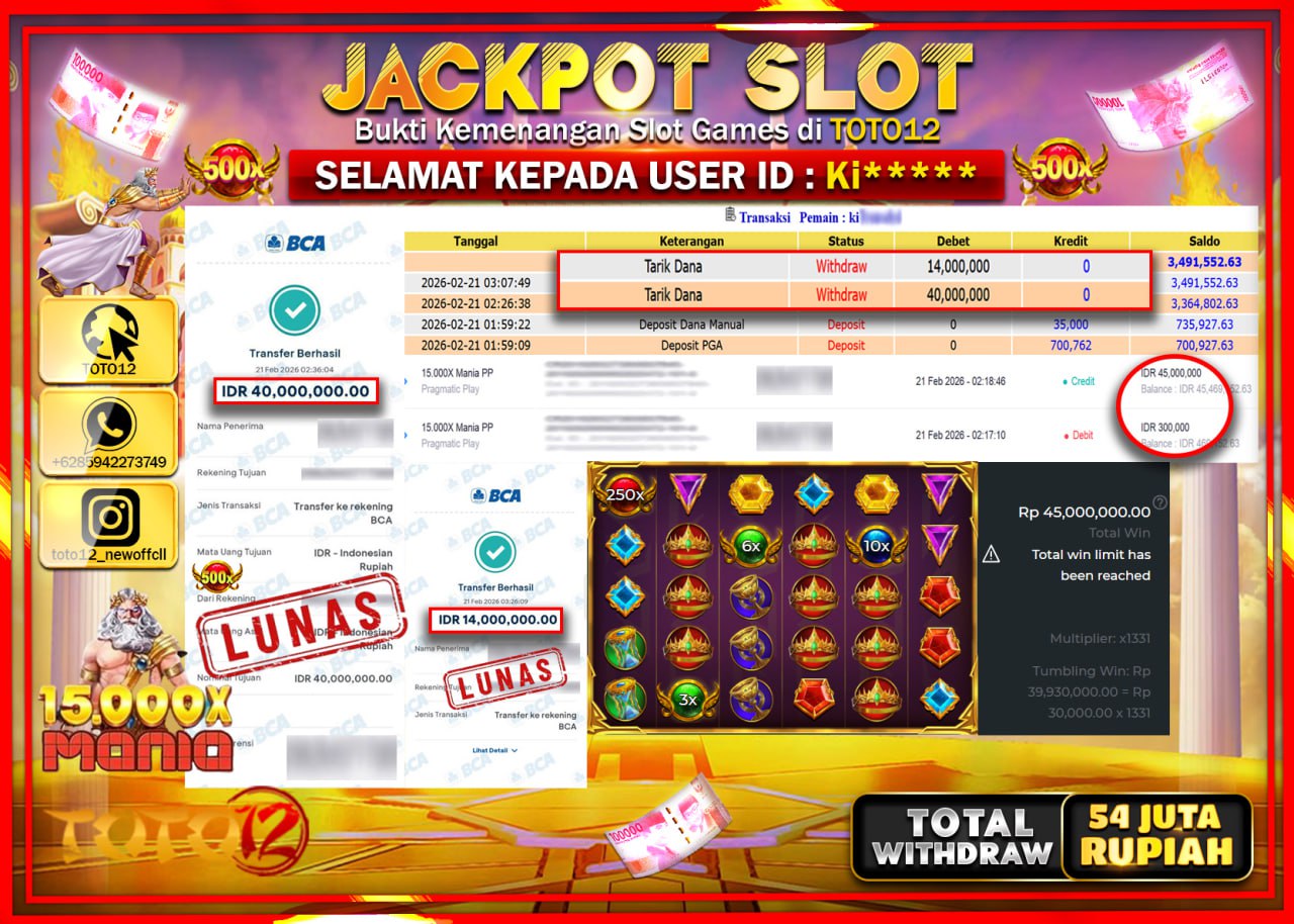 HANYA DI TOTO12 JP PASTI DI BAYAR LUNAS DAN CEPAT!!!!!! JACKPOT SLOT GAME (15.000X MANIA PP) Rp.54.000.000!!!!