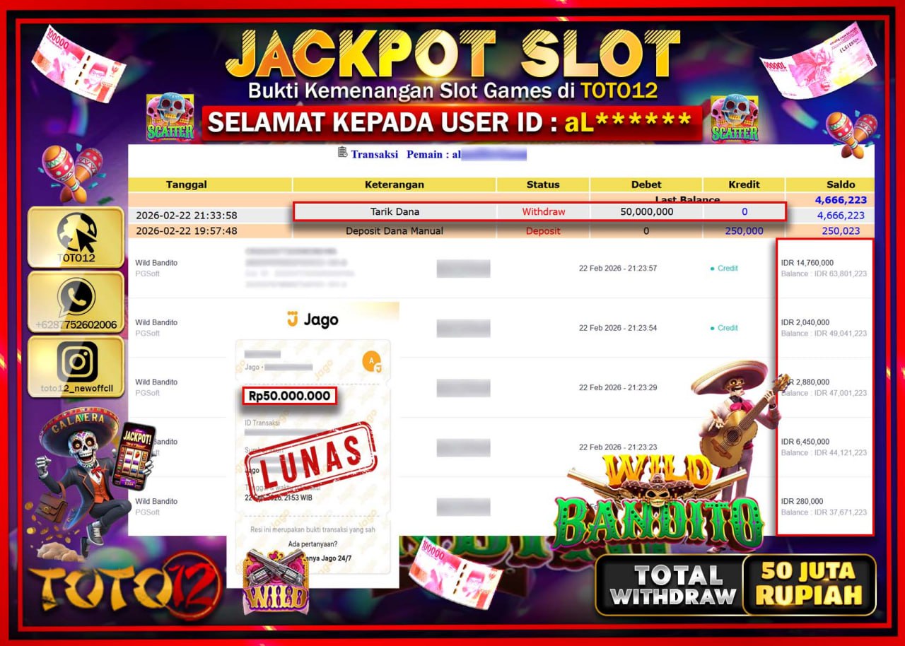 HANYA DI TOTO12 JP PASTI DI BAYAR LUNAS DAN CEPAT!!!!!! JACKPOT SLOT GAME (WILD BANDITO) Rp.50.000.000!!!!