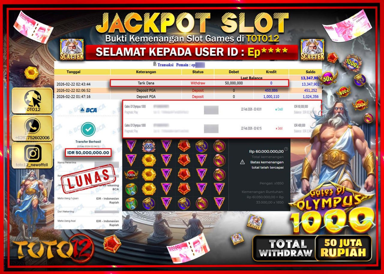 HANYA DI TOTO12 JP PASTI DI BAYAR LUNAS DAN CEPAT!!!!!! JACKPOT SLOT GAME (GATES OF OLYMPUS 1000) Rp.50.000.000!!!!