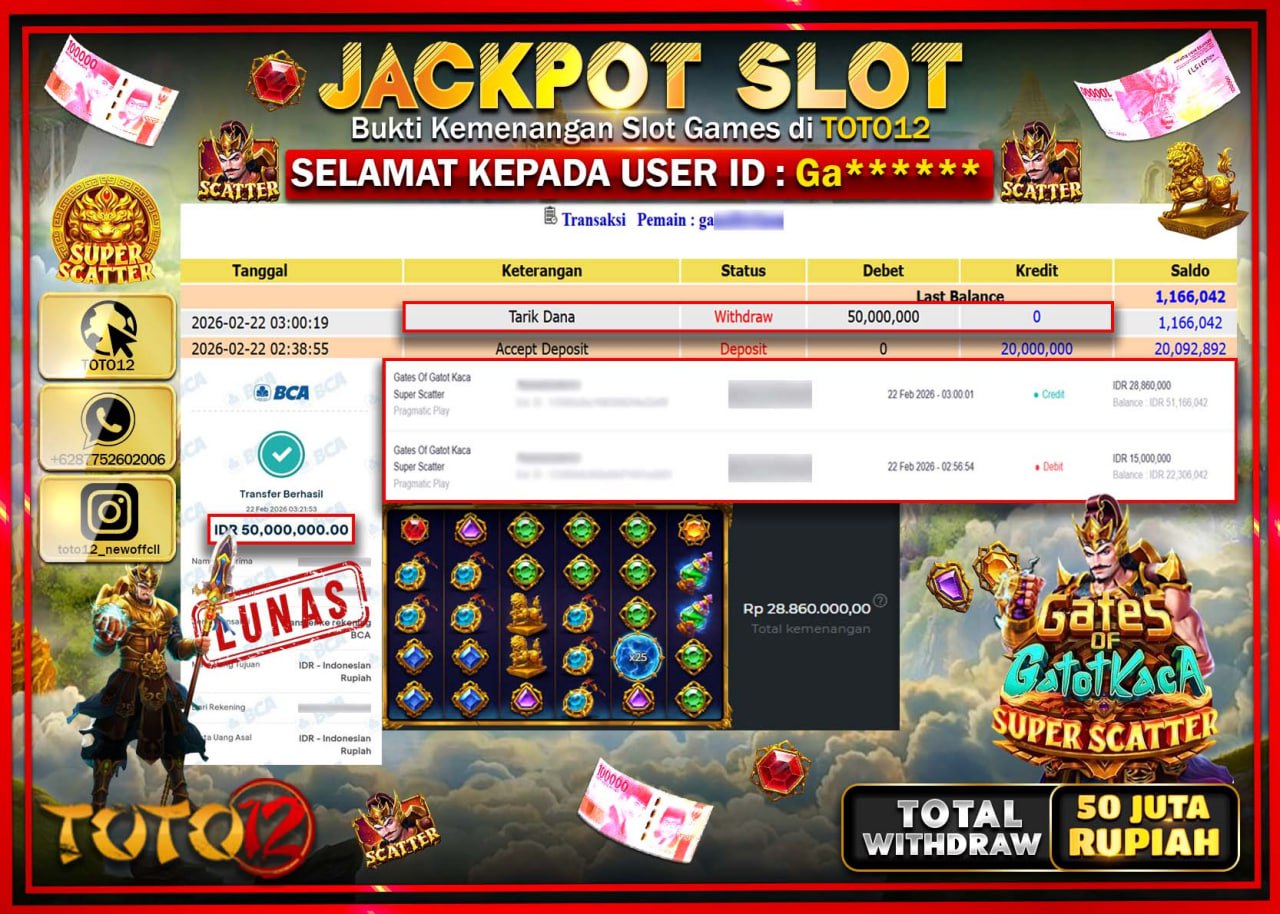 HANYA DI TOTO12 JP PASTI DI BAYAR LUNAS DAN CEPAT!!!!!! JACKPOT SLOT GAME (GATES OF GATOT KACA SUPER SCATTER) Rp.50.000.000!!!!