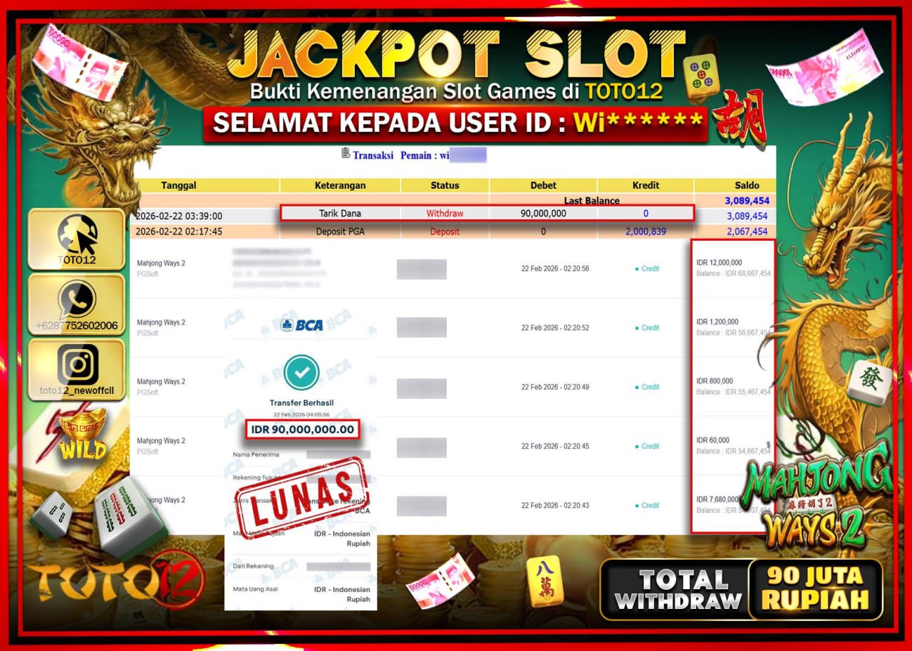 HANYA DI TOTO12 JP PASTI DI BAYAR LUNAS DAN CEPAT!!!!!! JACKPOT SLOT GAME (MAHJONG WAYS 2) Rp.90.000.000!!!!