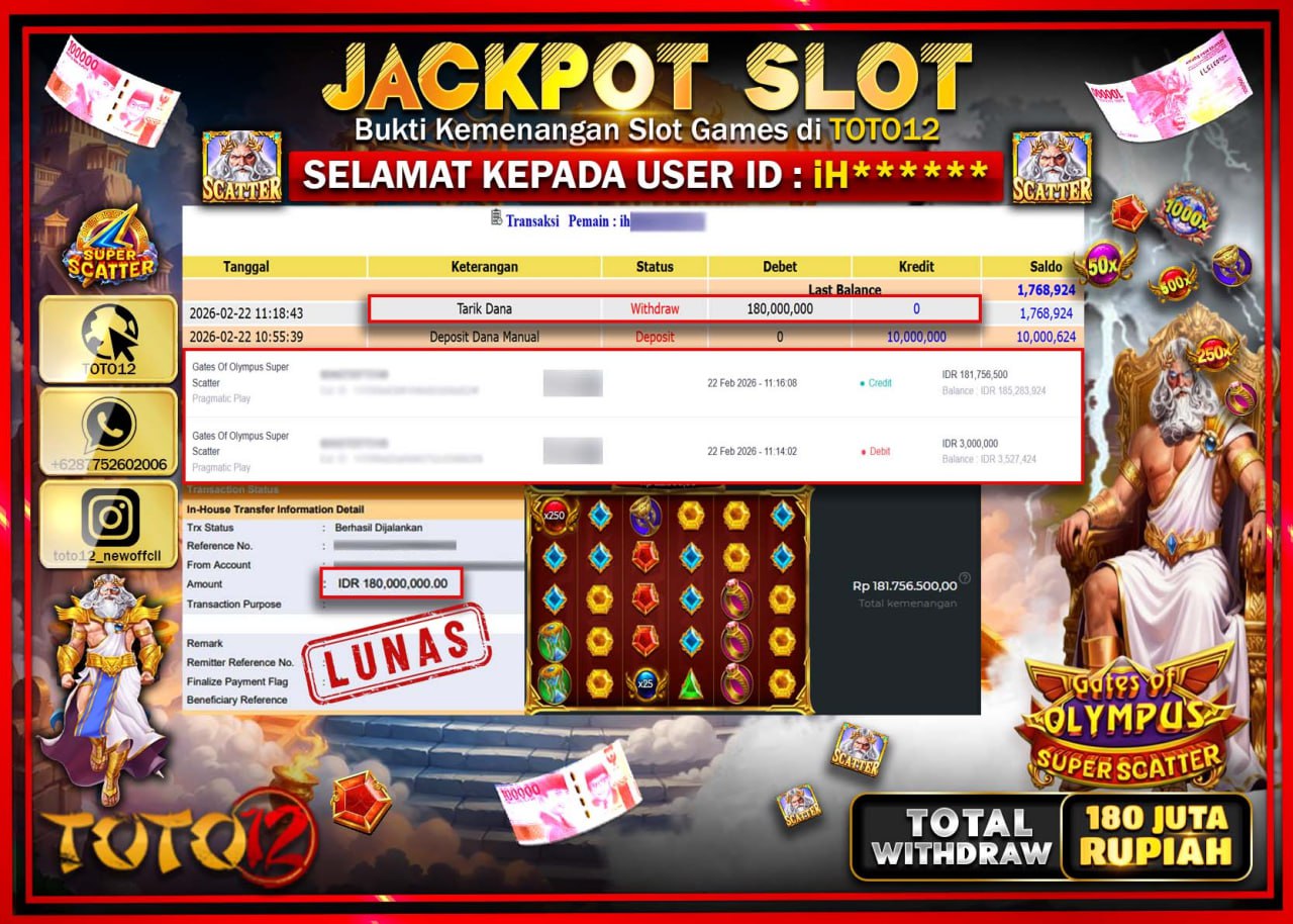 HANYA DI TOTO12 JP PASTI DI BAYAR LUNAS DAN CEPAT!!!!!! JACKPOT SLOT GAME (GATES OF OLYMPUS SUPER SCATTER) Rp.180.000.000!!!!