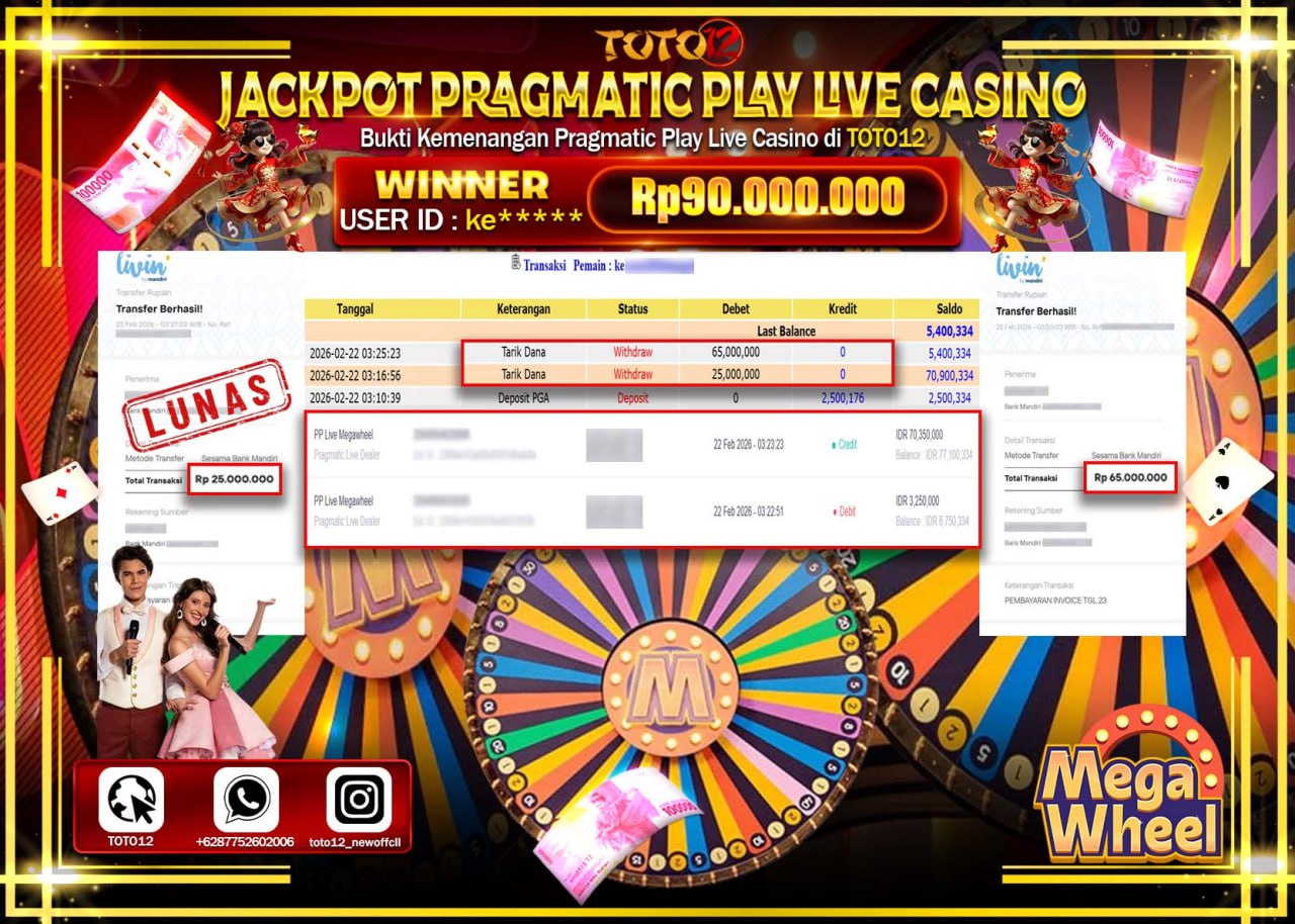 HANYA DI TOTO12 JP PASTI DI BAYAR LUNAS DAN CEPAT!!!!!! JACKPOT PRAGMATIC PLAY LIVE GAMES CASINO(PP LIVE MEGA WHEEL) Rp.90.000.000!!!!