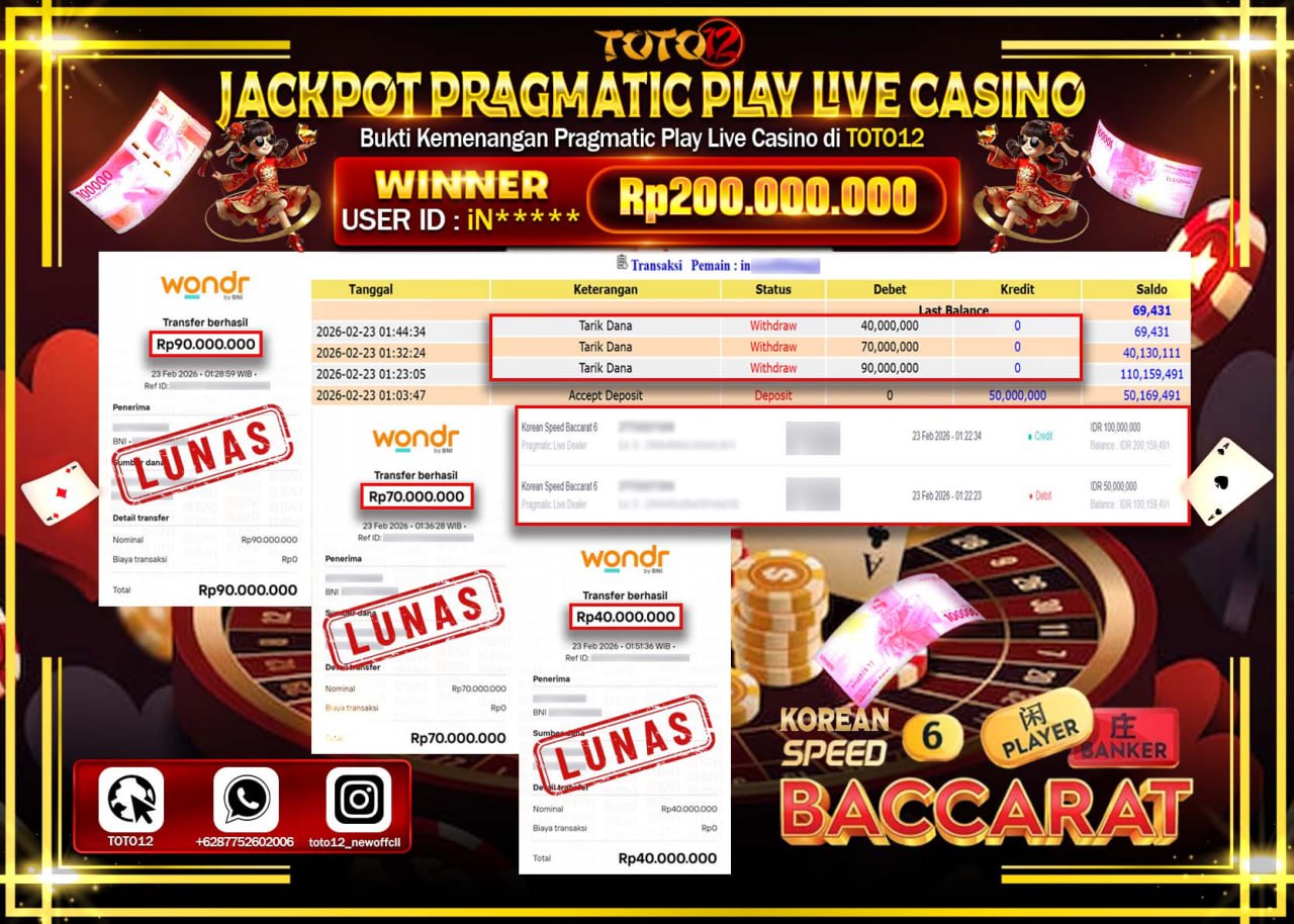 HANYA DI TOTO12 JP PASTI DI BAYAR LUNAS DAN CEPAT!!!!!! JACKPOT PRAGMATIC PLAY LIVE GAMES CASINO(BACCARAT) Rp.200.000.000!!!!