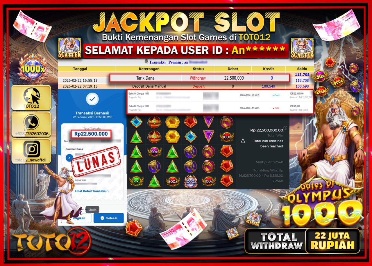 HANYA DI TOTO12 JP PASTI DI BAYAR LUNAS DAN CEPAT!!!!!! JACKPOT SLOT GAME (GATES OF OLYMPUS 1000) Rp.22.500.000!!!!