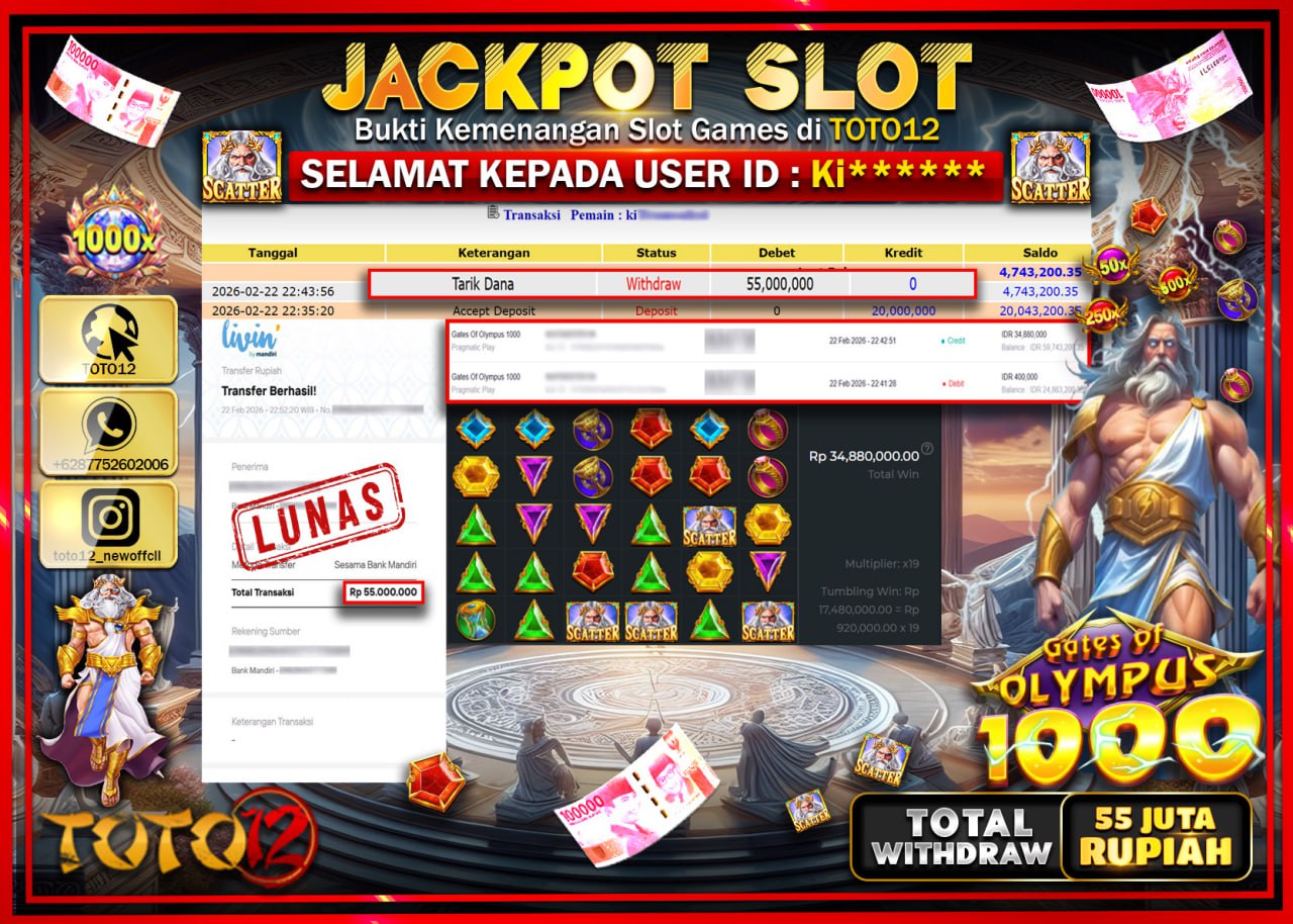 HANYA DI TOTO12 JP PASTI DI BAYAR LUNAS DAN CEPAT!!!!!! JACKPOT SLOT GAME (GATES OF OLYMPUS 1000) Rp.55.000.000!!!!