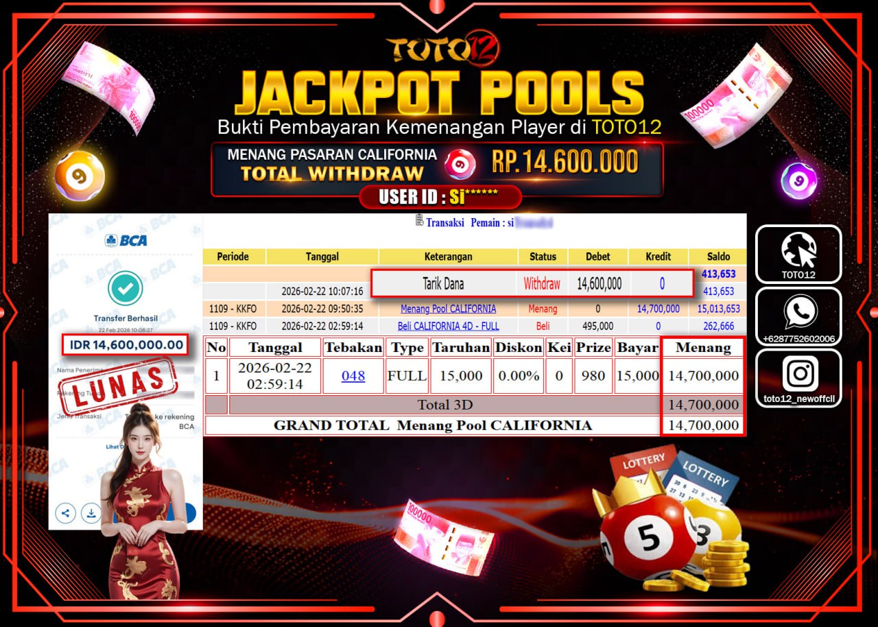 HANYA DI TOTO12 JP PASTI DI BAYAR LUNAS DAN CEPAT!!!!!! JACKPOT POOLS PASARAN (CALIFORNIA) Rp.14.600.000!!!!