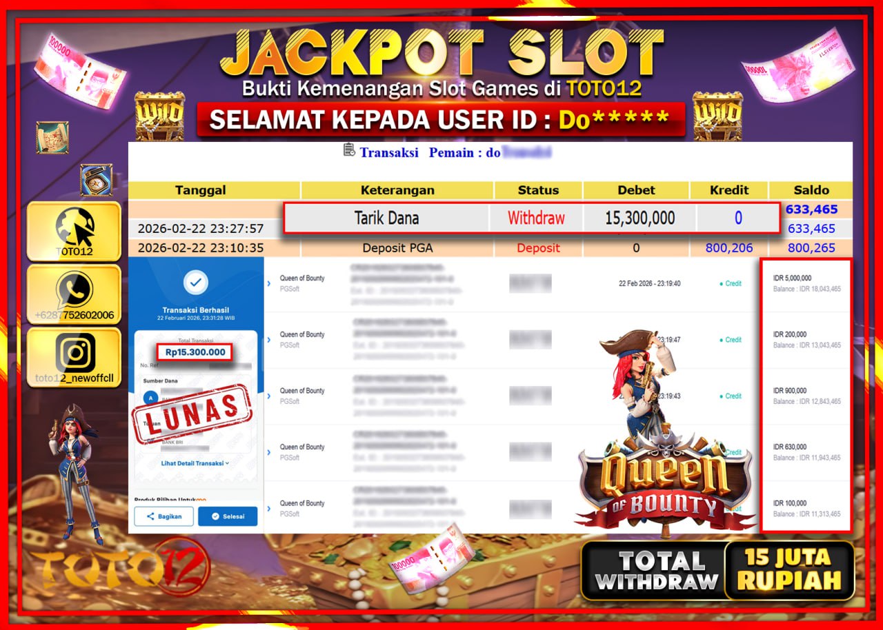 HANYA DI TOTO12 JP PASTI DI BAYAR LUNAS DAN CEPAT!!!!!! JACKPOT SLOT GAME (QUEEN OF BOUNTY) Rp.15.300.000!!!!