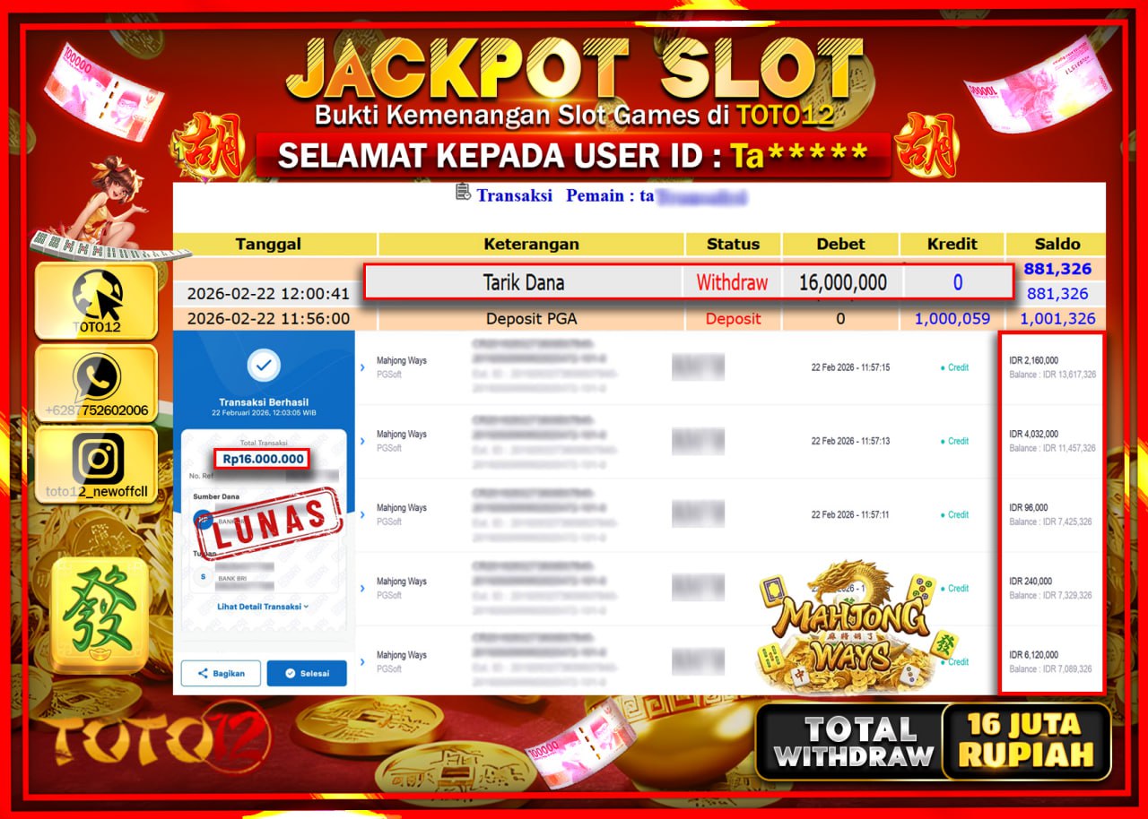 HANYA DI TOTO12 JP PASTI DI BAYAR LUNAS DAN CEPAT!!!!!! JACKPOT SLOT GAME (MAHJONG WAYS) Rp.16.000.000!!!!