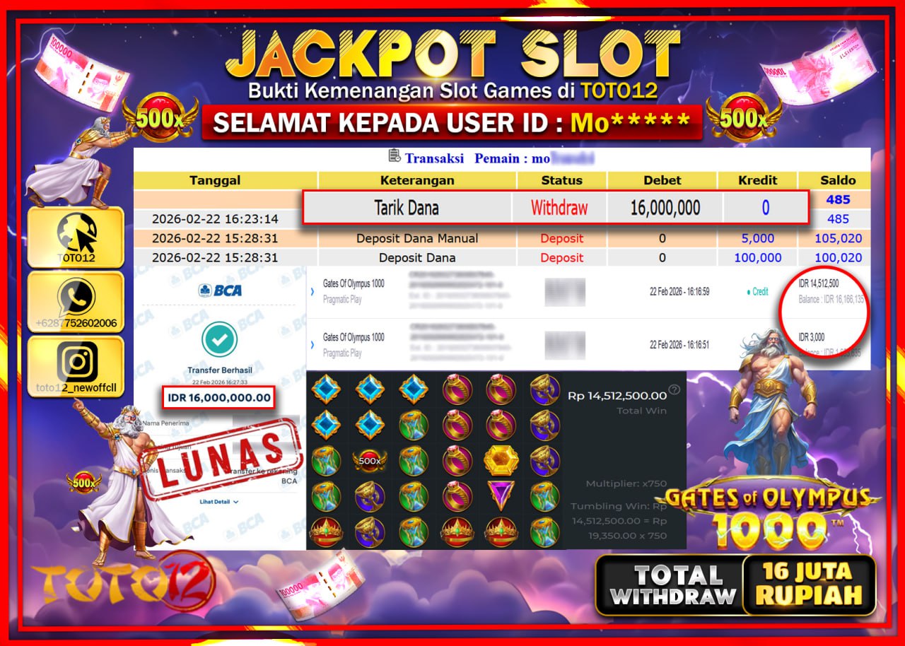 HANYA DI TOTO12 JP PASTI DI BAYAR LUNAS DAN CEPAT!!!!!! JACKPOT SLOT GAME (GATES OF OLYMPUS 1000) Rp.16.000.000!!!!