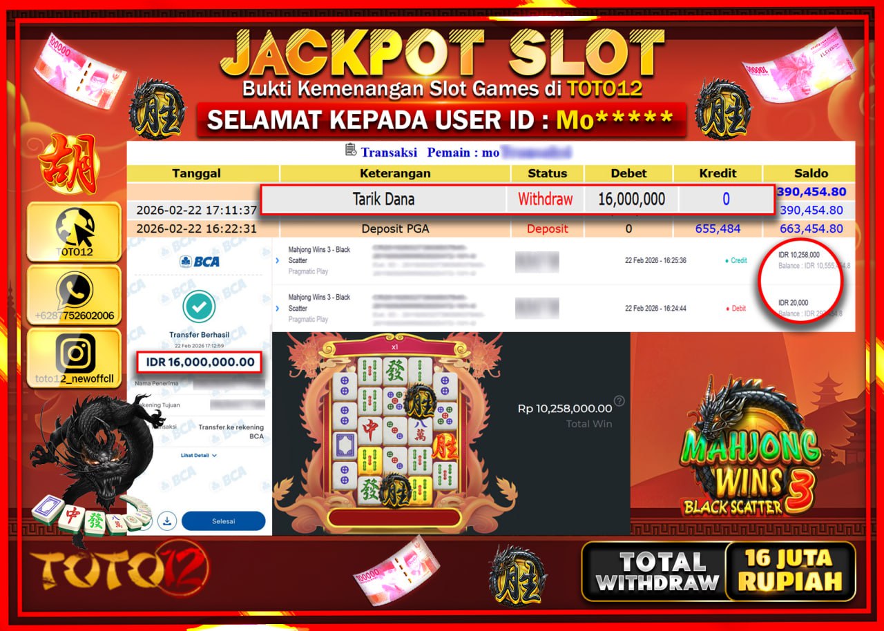 HANYA DI TOTO12 JP PASTI DI BAYAR LUNAS DAN CEPAT!!!!!! JACKPOT SLOT GAME (MAHJONG WINS 3-BLACK SCATTER) Rp.16.000.000!!!!