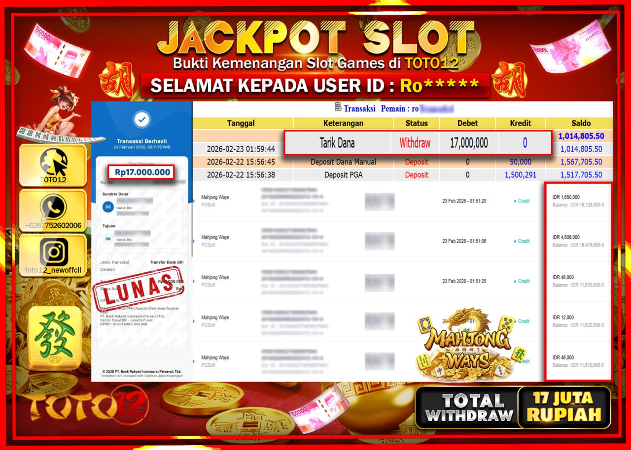 HANYA DI TOTO12 JP PASTI DI BAYAR LUNAS DAN CEPAT!!!!!! JACKPOT SLOT GAME (MAHJONG WAYS) Rp.17.000.000!!!!