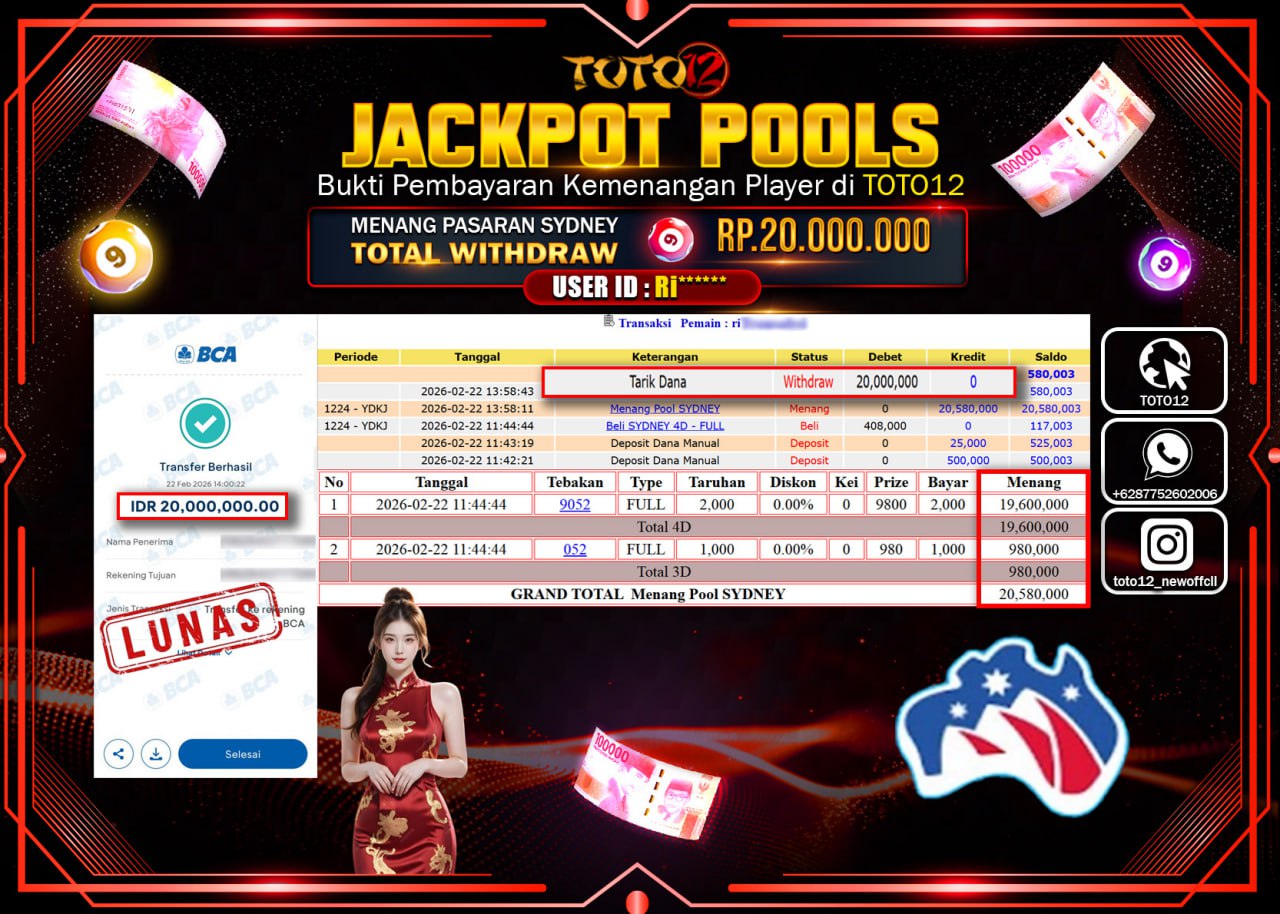 HANYA DI TOTO12 JP PASTI DI BAYAR LUNAS DAN CEPAT!!!!!! JACKPOT POOLS PASARAN (SYDNEY) Rp.20.000.000!!!!