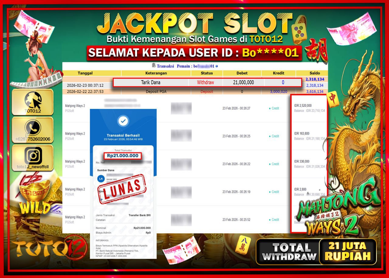 HANYA DI TOTO12 JP PASTI DI BAYAR LUNAS DAN CEPAT!!!!!! JACKPOT SLOT GAME (MAHJONG WAYS 2) Rp.21.000.000!!!!