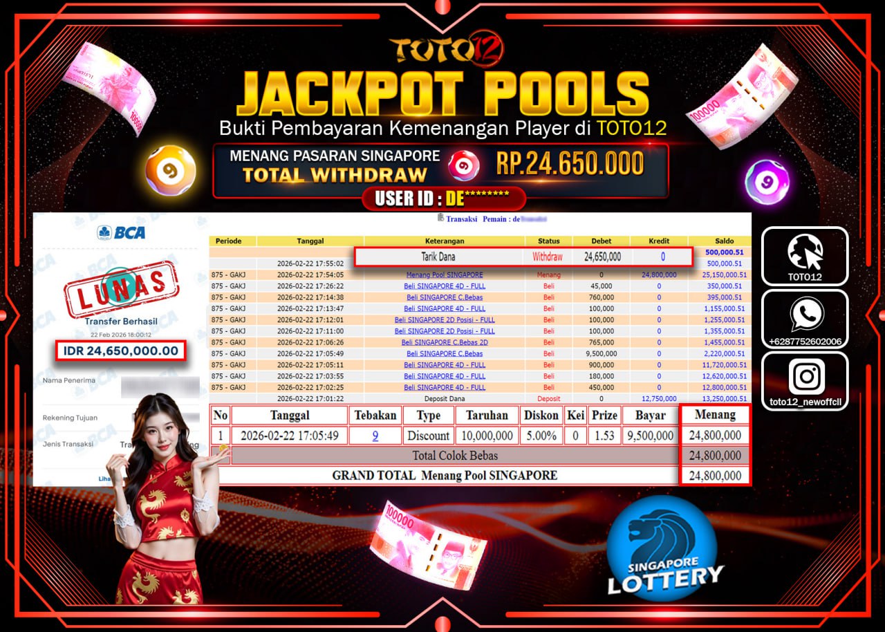 HANYA DI TOTO12 JP PASTI DI BAYAR LUNAS DAN CEPAT!!!!!! JACKPOT POOLS PASARAN (SINGAPORE) Rp.24.650.000!!!!