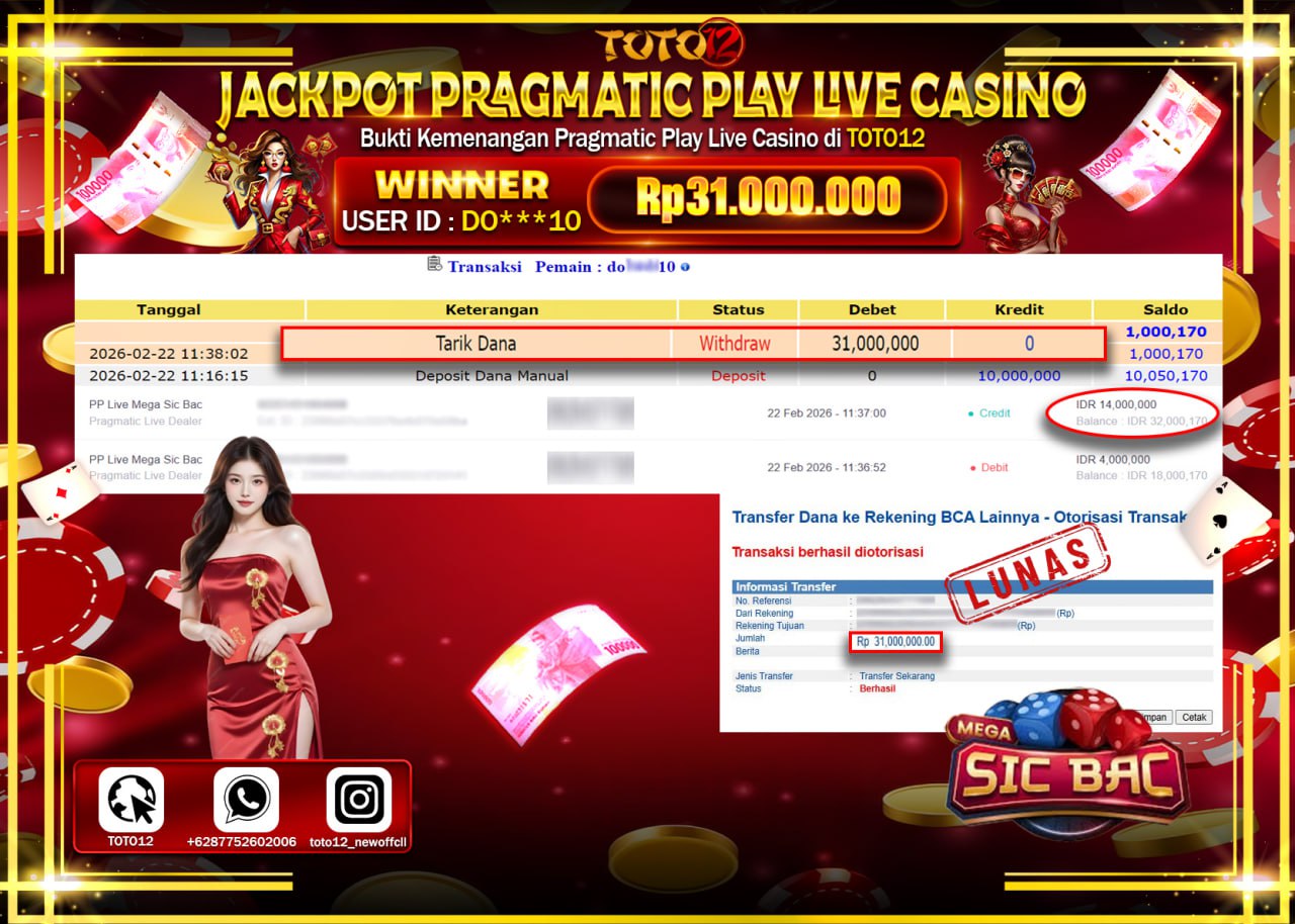 HANYA DI TOTO12 JP PASTI DI BAYAR LUNAS DAN CEPAT!!!!!! JACKPOT PRAGMATIC PLAY LIVE GAMES CASINO(PP LIVE MEGA SIC BAC) Rp.31.000.000!!!!