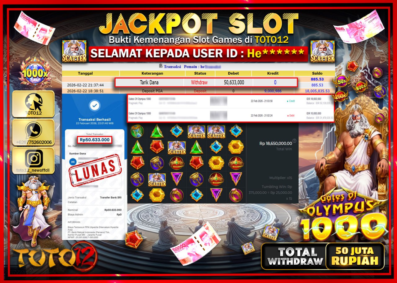 HANYA DI TOTO12 JP PASTI DI BAYAR LUNAS DAN CEPAT!!!!!! JACKPOT SLOT GAME (GATES OF OLYMPUS 1000) Rp.50.633.000!!!!
