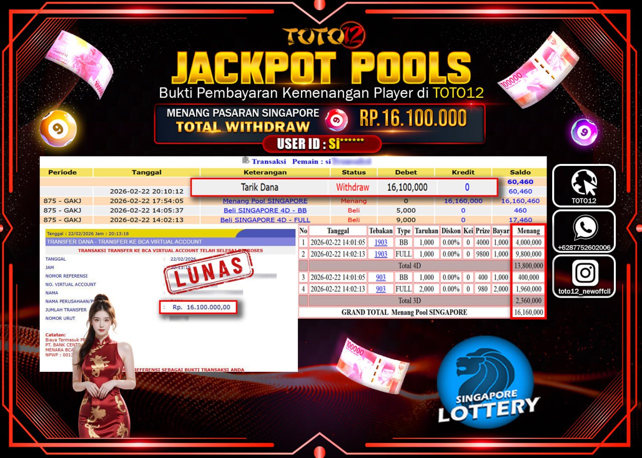 HANYA DI TOTO12 JP PASTI DI BAYAR LUNAS DAN CEPAT!!!!!! JACKPOT POOLS PASARAN (SINGAPORE) Rp.16.100.000!!!!
