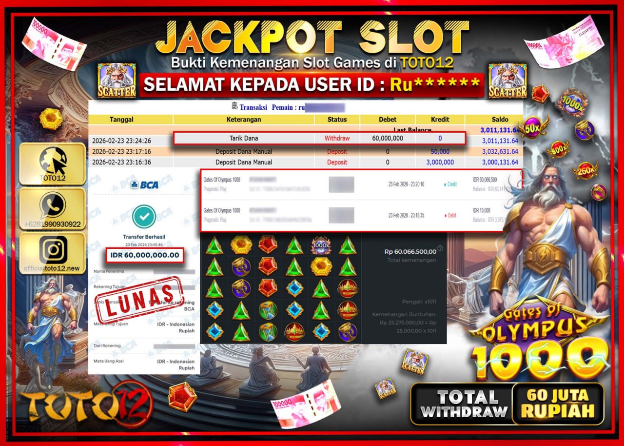 HANYA DI TOTO12 JP PASTI DI BAYAR LUNAS DAN CEPAT!!!!!! JACKPOT SLOT GAME (GATES OF OLYMPUS 1000) Rp.60.000.000!!!!
