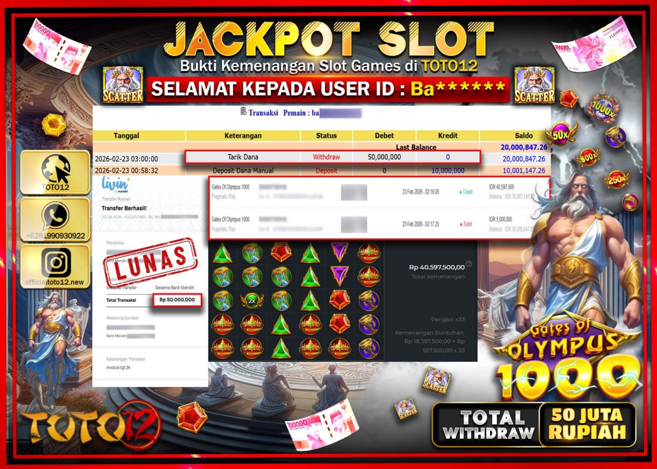 HANYA DI TOTO12 JP PASTI DI BAYAR LUNAS DAN CEPAT!!!!!! JACKPOT SLOT GAME (GATES OF OLYMPUS 1000) Rp.50.000.000!!!!