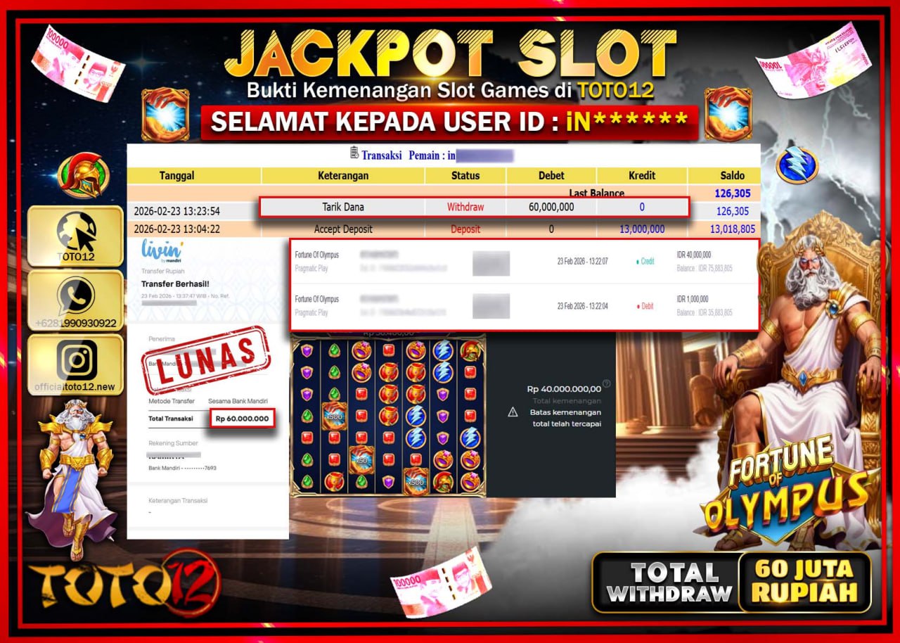 HANYA DI TOTO12 JP PASTI DI BAYAR LUNAS DAN CEPAT!!!!!! JACKPOT SLOT GAME (FORTUNE OF OLYMPUS) Rp.60.000.000!!!!