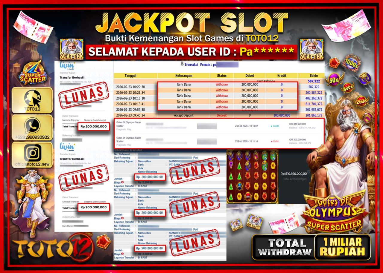 HANYA DI TOTO12 JP PASTI DI BAYAR LUNAS DAN CEPAT!!!!!! JACKPOT SLOT GAME (GATES OF OLYMPUS SUPER SCATTER) Rp.1.000.000.000!!!!