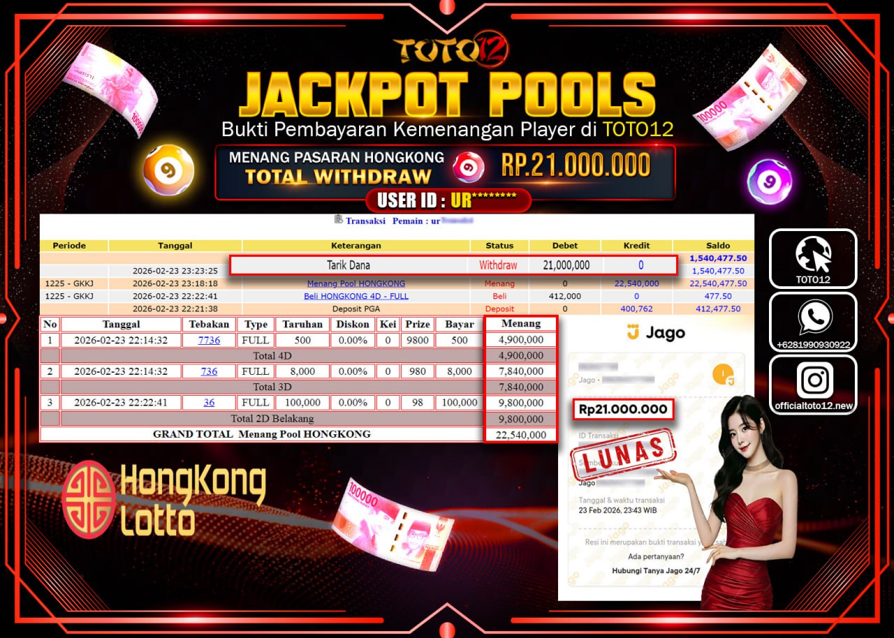 HANYA DI TOTO12 JP PASTI DI BAYAR LUNAS DAN CEPAT!!!!!! JACKPOT POOLS PASARAN (HONGKONG) Rp.21.000.000!!!!