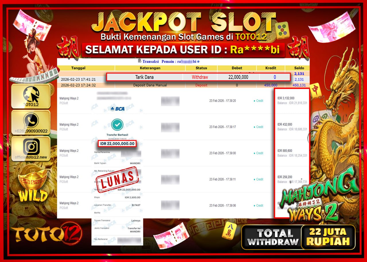 HANYA DI TOTO12 JP PASTI DI BAYAR LUNAS DAN CEPAT!!!!!! JACKPOT SLOT GAME (MAHJONG WAYS 2) Rp.22.000.000!!!!