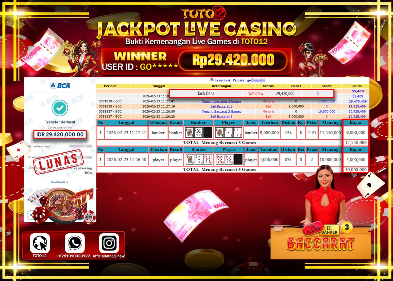 HANYA DI TOTO12 JP PASTI DI BAYAR LUNAS DAN CEPAT!!!!!! JACKPOT LIVE GAMES CASINO(BACCARAT) Rp.29.420.000!!!!