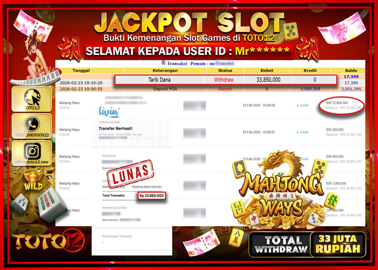 HANYA DI TOTO12 JP PASTI DI BAYAR LUNAS DAN CEPAT!!!!!! JACKPOT SLOT GAME (MAHJONG WAYS) Rp.33.850.000!!!!