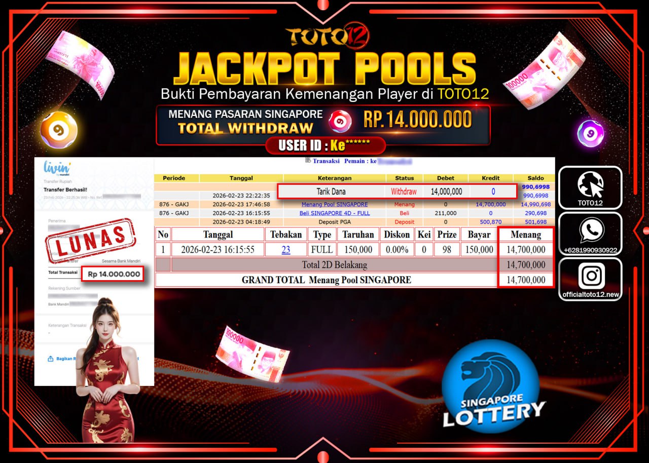 HANYA DI TOTO12 JP PASTI DI BAYAR LUNAS DAN CEPAT!!!!!! JACKPOT POOLS PASARAN (SINGAPORE) Rp.14.000.000!!!!