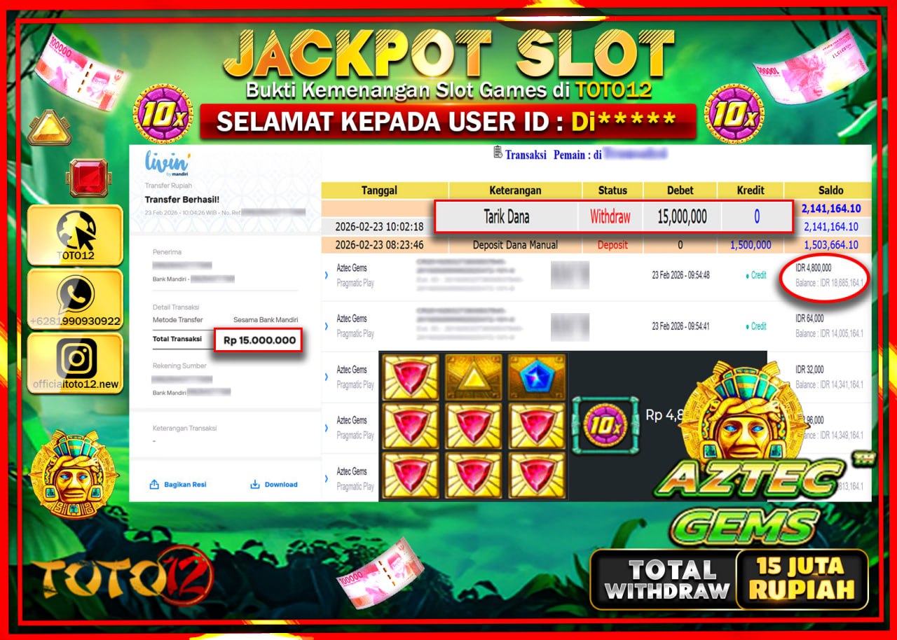 HANYA DI TOTO12 JP PASTI DI BAYAR LUNAS DAN CEPAT!!!!!! JACKPOT SLOT GAME (AZTEC GEMS) Rp.15.000.000!!!!