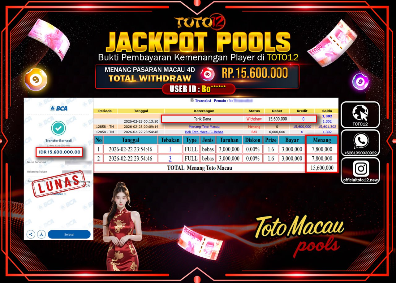 HANYA DI TOTO12 JP PASTI DI BAYAR LUNAS DAN CEPAT!!!!!! JACKPOT POOLS PASARAN (MACAU 4D) Rp.15.600.000!!!!