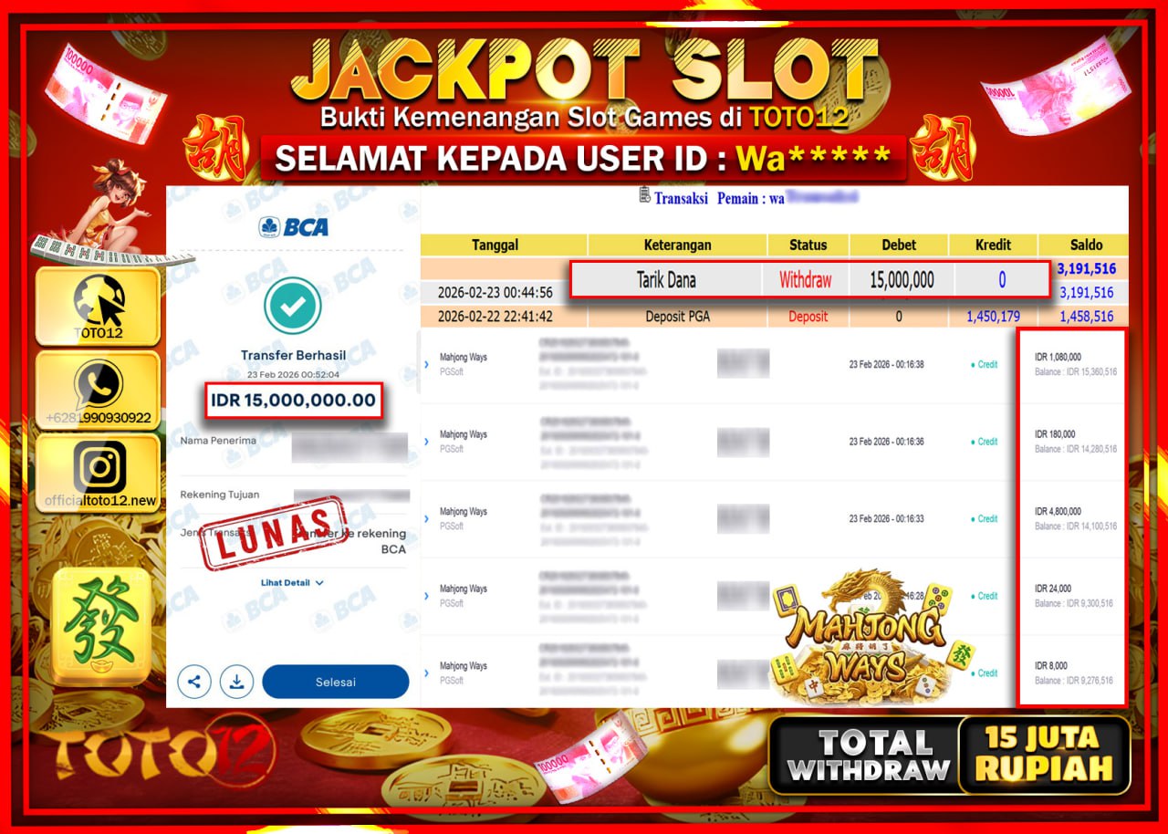 HANYA DI TOTO12 JP PASTI DI BAYAR LUNAS DAN CEPAT!!!!!! JACKPOT SLOT GAME (MAHJONG WAYS) Rp.15.000.000!!!!