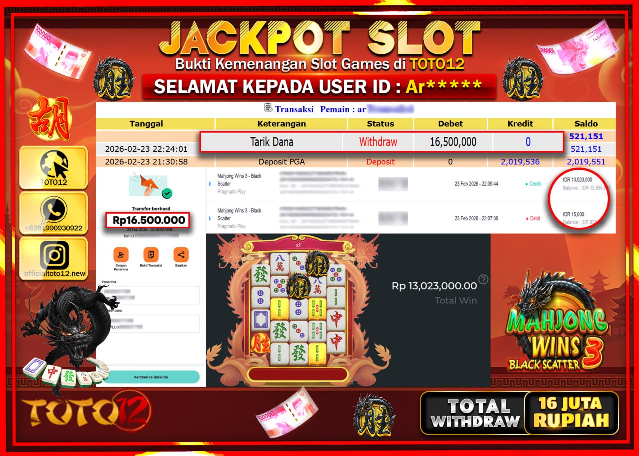 HANYA DI TOTO12 JP PASTI DI BAYAR LUNAS DAN CEPAT!!!!!! JACKPOT SLOT GAME (MAHJONG WINS 3 BLACK SCATTER) Rp.16.500.000!!!!